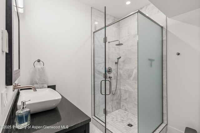 1108 County Road 110, Glenwood Springs, CO 81601 - full bath with vanity, a shower stall, and recessed lighting