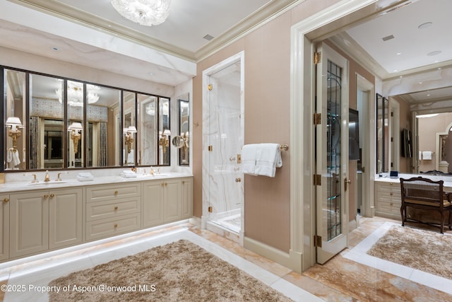 64 Pitkin Way, Aspen, CO 81611 - full bath with double vanity, a stall shower, ornamental molding, and a sink