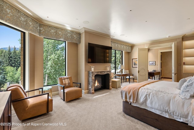 64 Pitkin Way, Aspen, CO 81611 - bedroom with carpet flooring, ornamental molding, multiple windows, and a high end fireplace