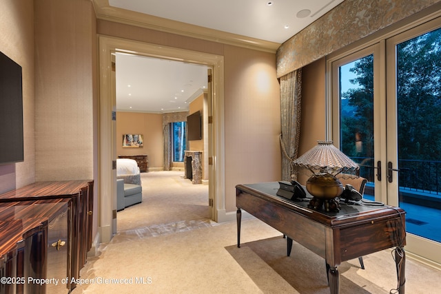64 Pitkin Way, Aspen, CO 81611 - corridor featuring carpet floors, ornamental molding, french doors, and recessed lighting