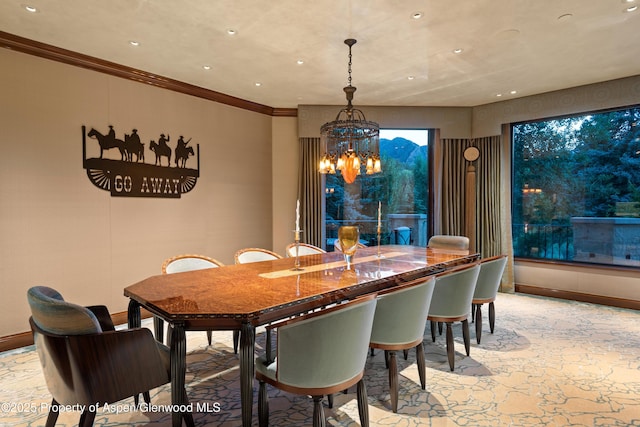 64 Pitkin Way, Aspen, CO 81611 - dining space featuring recessed lighting, ornamental molding, and an inviting chandelier