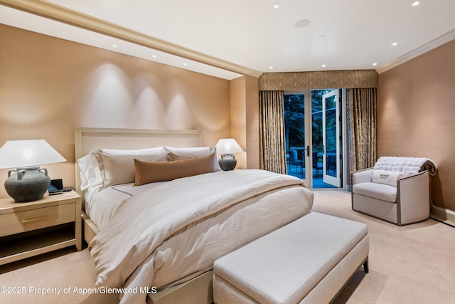 64 Pitkin Way, Aspen, CO 81611 - bedroom with recessed lighting, ornamental molding, carpet flooring, and access to outside