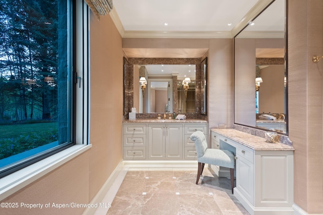 64 Pitkin Way, Aspen, CO 81611 - bathroom featuring crown molding, baseboards, marble finish floor, and vanity