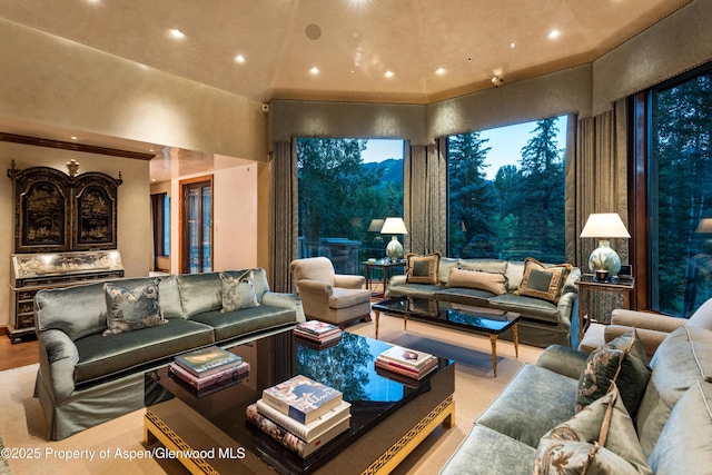 64 Pitkin Way, Aspen, CO 81611 - living room featuring recessed lighting and a high ceiling