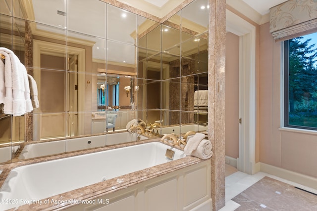 64 Pitkin Way, Aspen, CO 81611 - bathroom with a garden tub, marble finish floor, coffered ceiling, visible vents, and recessed lighting