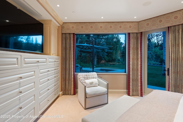 64 Pitkin Way, Aspen, CO 81611 - bedroom with wallpapered walls, baseboards, light colored carpet, and access to exterior