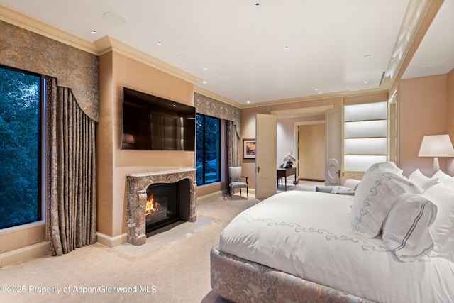 64 Pitkin Way, Aspen, CO 81611 - carpeted bedroom featuring baseboards, a high end fireplace, and crown molding