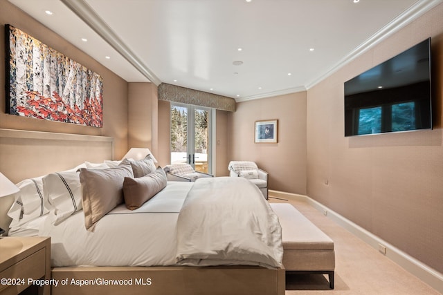 bedroom featuring baseboards, light colored carpet, access to outside, crown molding, and recessed lighting