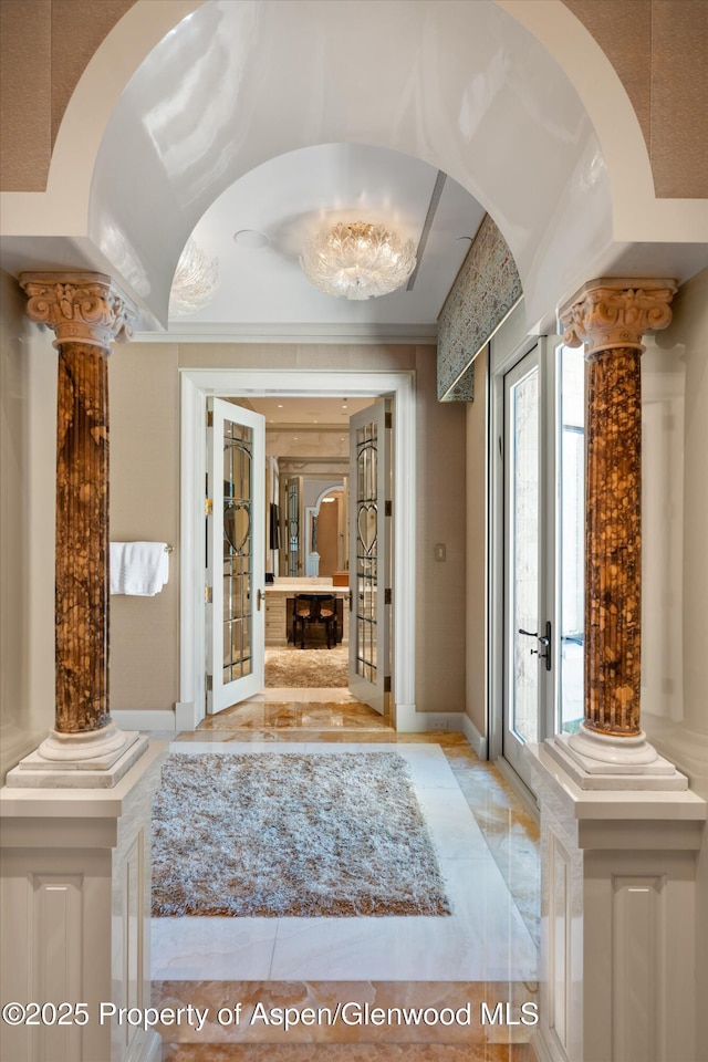 64 Pitkin Way, Aspen, CO 81611 - foyer featuring light marble finish floors and ornate columns