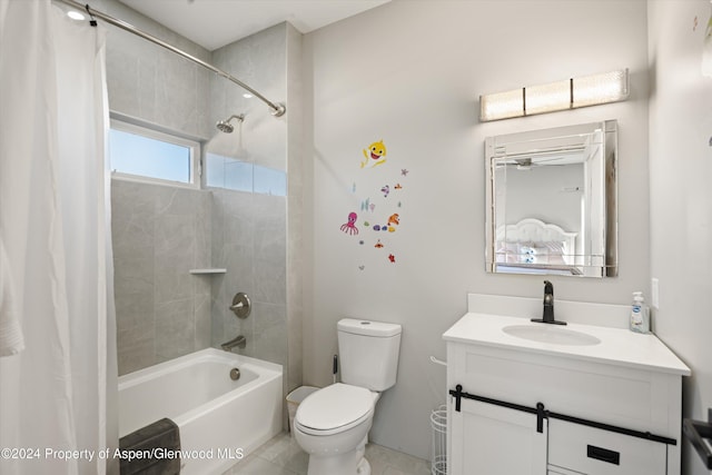 full bathroom featuring vanity, toilet, and shower / bathtub combination with curtain