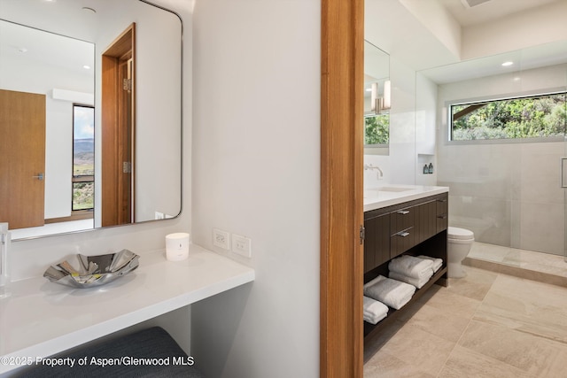 1000 Lazy O Rd, Snowmass, CO 81654 - full bath with tile patterned flooring, vanity, toilet, recessed lighting, and a stall shower