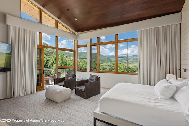 1000 Lazy O Rd, Snowmass, CO 81654 - bedroom featuring wood ceiling, multiple windows, carpet, and vaulted ceiling