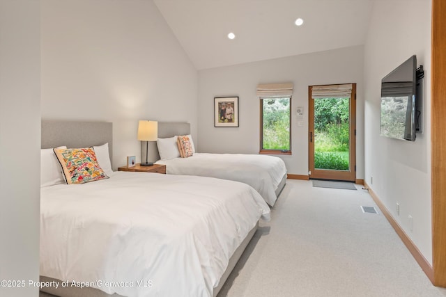 1000 Lazy O Rd, Snowmass, CO 81654 - carpeted bedroom featuring access to exterior, visible vents, baseboards, lofted ceiling, and recessed lighting