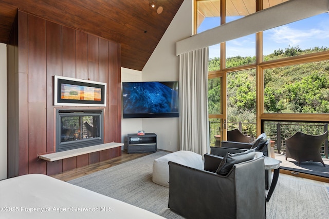 1000 Lazy O Rd, Snowmass, CO 81654 - living area featuring a healthy amount of sunlight, wooden ceiling, wood finished floors, and a tile fireplace