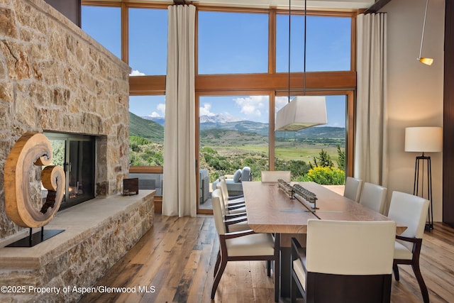 1000 Lazy O Rd, Snowmass, CO 81654 - dining space featuring a mountain view, hardwood / wood-style flooring, a stone fireplace, and a towering ceiling