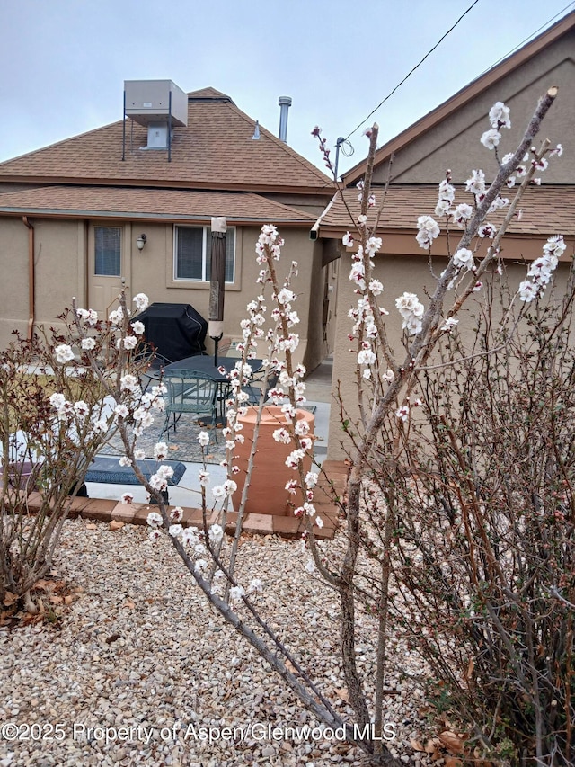 rear view of property featuring a patio area, roof with shingles, and stucco siding