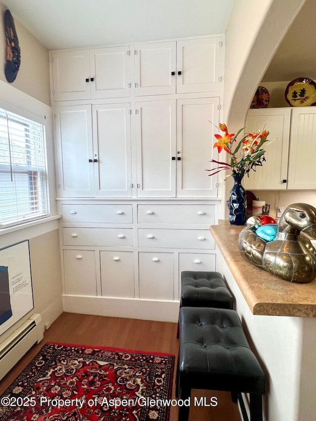 interior space with a baseboard heating unit and wood finished floors