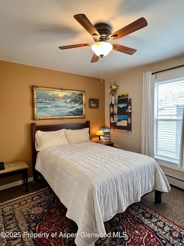 bedroom featuring carpet flooring and ceiling fan