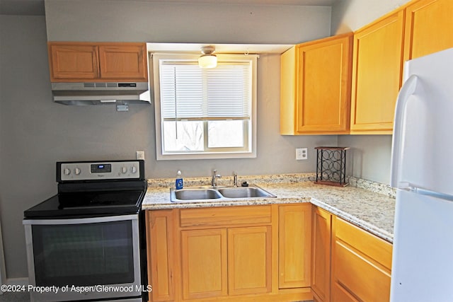 kitchen featuring sink, stainless steel range with electric stovetop, and white refrigerator