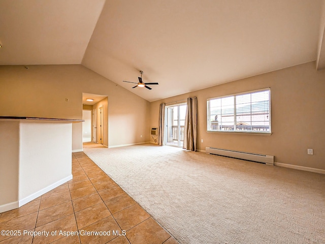 612 Riverview Dr Unit 808, New Castle, CO 81647 - unfurnished living room with a baseboard heating unit, light tile patterned floors, ceiling fan, lofted ceiling, and light colored carpet