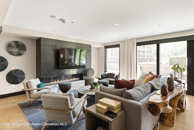 living room featuring light hardwood / wood-style floors and a tiled fireplace