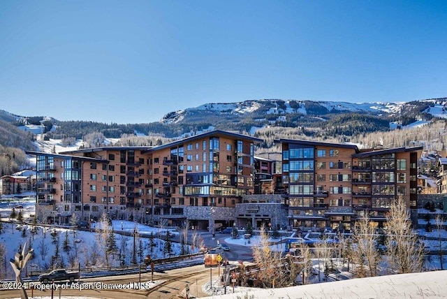 snow covered property featuring a mountain view