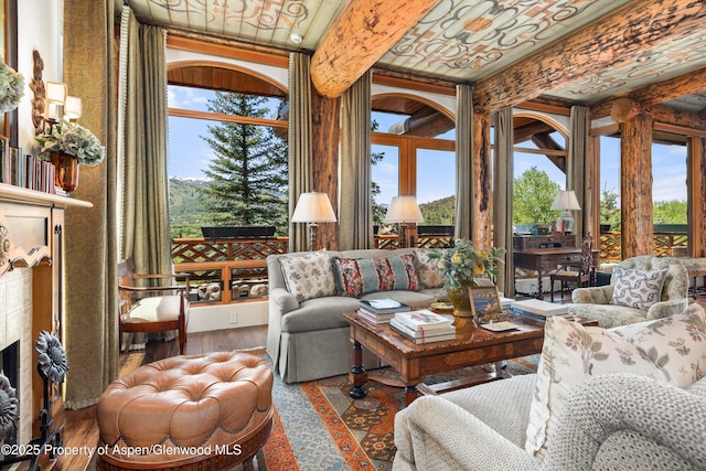 87 Magnifico Dr, Aspen, CO 81611 - living room featuring hardwood / wood-style floors, a fireplace, and beam ceiling