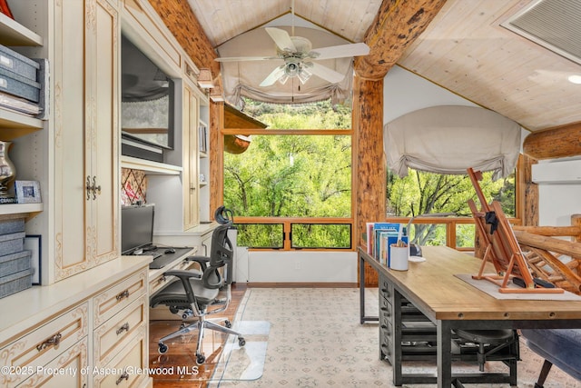 87 Magnifico Dr, Aspen, CO 81611 - office space with a wall unit AC, vaulted ceiling, ceiling fan, light wood-style flooring, and wood ceiling