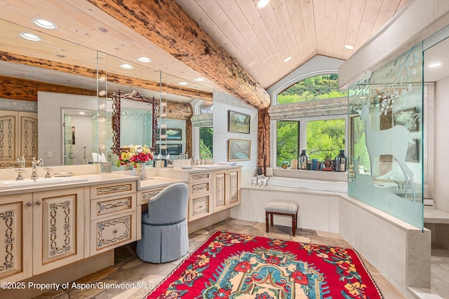 87 Magnifico Dr, Aspen, CO 81611 - bathroom with vanity, lofted ceiling, recessed lighting, a garden tub, and a shower stall