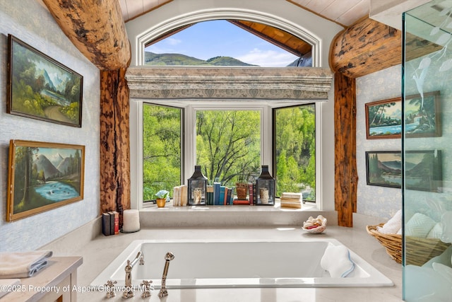 87 Magnifico Dr, Aspen, CO 81611 - bathroom featuring a garden tub, plenty of natural light, lofted ceiling, and wood ceiling