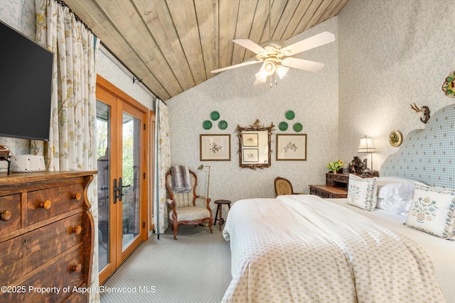87 Magnifico Dr, Aspen, CO 81611 - bedroom featuring wallpapered walls, carpet, vaulted ceiling, access to outside, and wooden ceiling