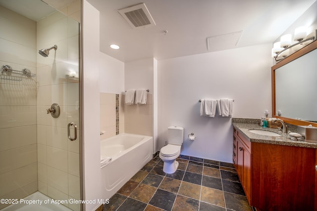 bathroom featuring a garden tub, toilet, visible vents, baseboards, and a shower stall