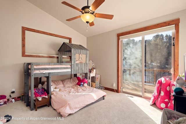 carpeted bedroom featuring lofted ceiling, access to exterior, and ceiling fan