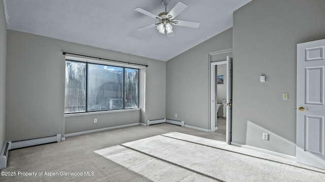 unfurnished room featuring lofted ceiling, carpet flooring, a ceiling fan, baseboards, and baseboard heating