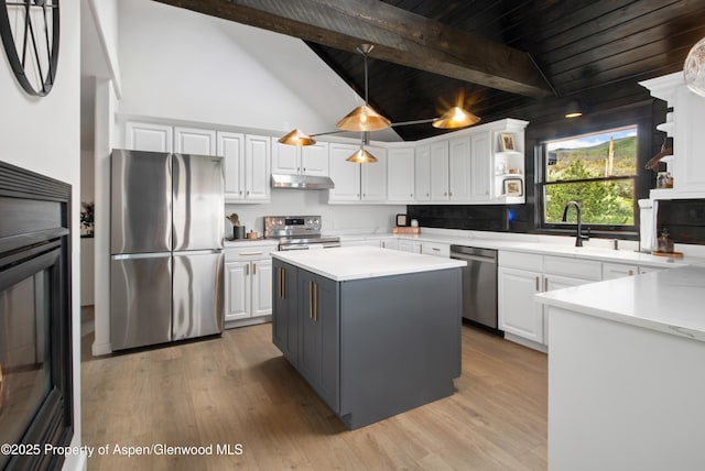 kitchen featuring stainless steel appliances, under cabinet range hood, open shelves, a sink, and white cabinets