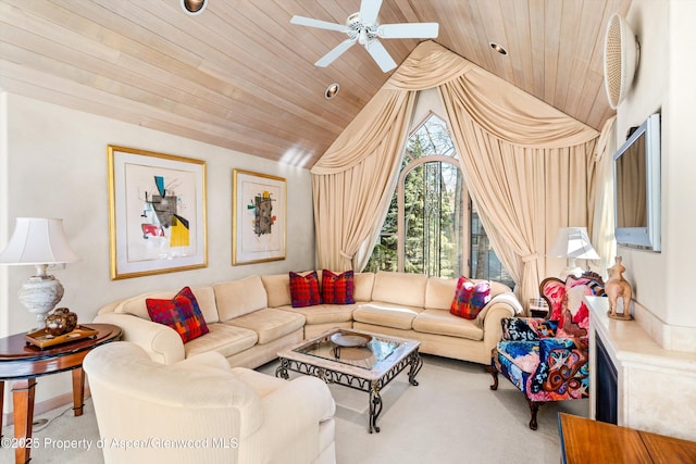 333 W Hopkins Ave, Aspen, CO 81611 - living room with vaulted ceiling, wooden ceiling, carpet, and ceiling fan