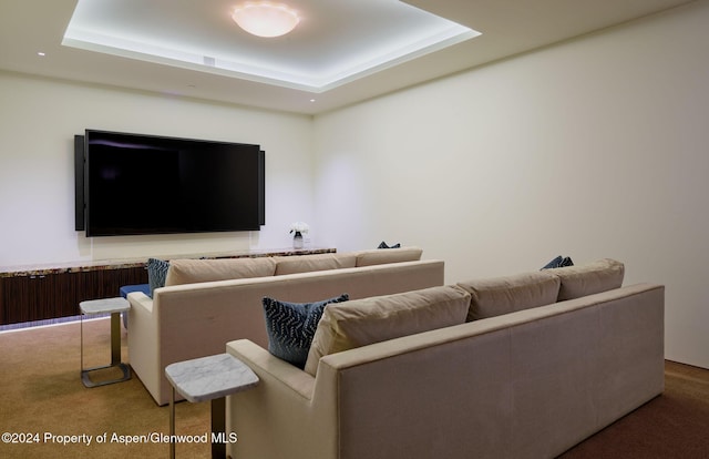 cinema room with a raised ceiling and carpet flooring