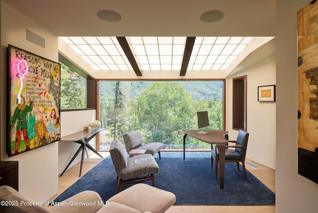 102 Wood Duck Ln, Aspen, CO 81611 - living area with beamed ceiling and wood finished floors