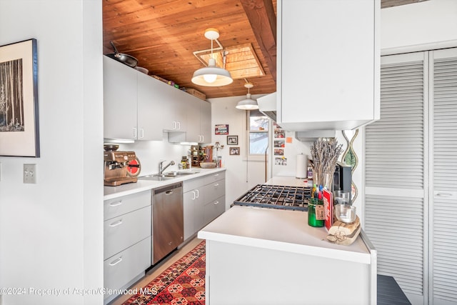 kitchen featuring sink, range, hanging light fixtures, wooden ceiling, and stainless steel dishwasher