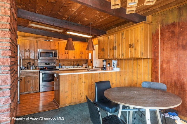 kitchen with appliances with stainless steel finishes, hanging light fixtures, wood ceiling, kitchen peninsula, and beam ceiling