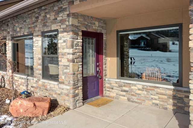 property entrance with stone siding