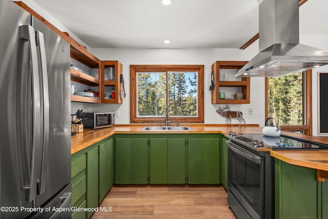 kitchen with appliances with stainless steel finishes, sink, island range hood, and green cabinetry