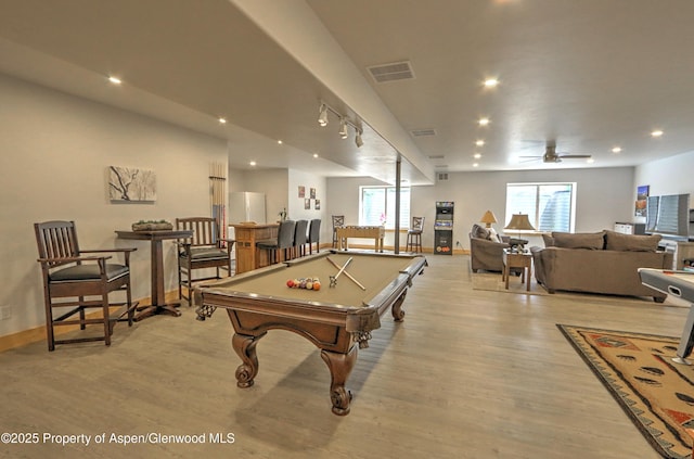 369 N Meadow Dr, Rifle, CO 81650 - rec room featuring billiards, light wood-type flooring, ceiling fan, recessed lighting, and bar
