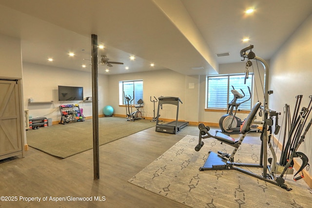 369 N Meadow Dr, Rifle, CO 81650 - exercise room with wood finished floors, ceiling fan, and recessed lighting