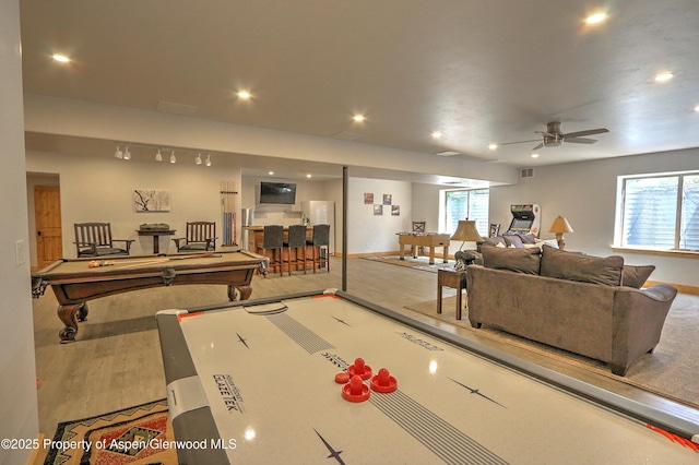 369 N Meadow Dr, Rifle, CO 81650 - game room featuring wood finished floors, recessed lighting, billiards, a ceiling fan, and bar