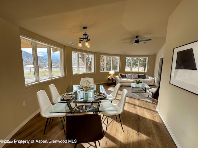 dining space featuring hardwood / wood-style floors, plenty of natural light, and a mountain view