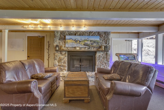 11101 County Road 117 Unit E-5, Glenwood Springs, CO 81601 - carpeted living room with wood ceiling with exposed beams and a fireplace