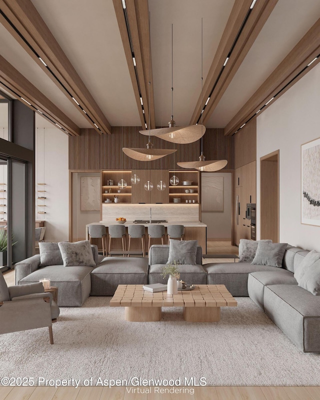 interior space with wood-type flooring and a high ceiling