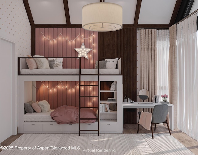 bedroom featuring wood-type flooring and vaulted ceiling with beams