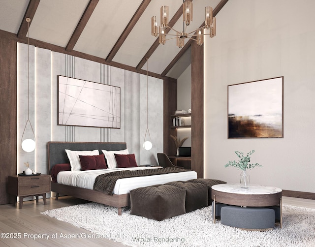 bedroom featuring beamed ceiling, high vaulted ceiling, a chandelier, and hardwood / wood-style floors